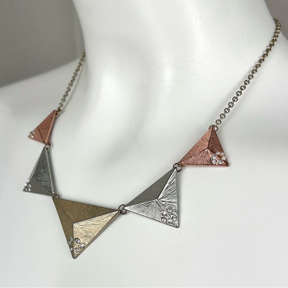 ❤️ Tri-tone Pyramid Statement Necklace Mixed Metals Punk Rock Boho Glam Art Deco - Picture 4 of 7